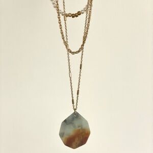 Elegant Gold and pearl  Layered Necklace with stone pendant. Semi precious